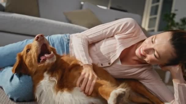 快乐的主人和狗一起躺在公寓的地板上 享受周末的闲暇 微笑的女人在家里爱抚着心满意足的绒毛宠物 快乐的女孩抚摸可爱的动物表达爱意 — 图库视频影像