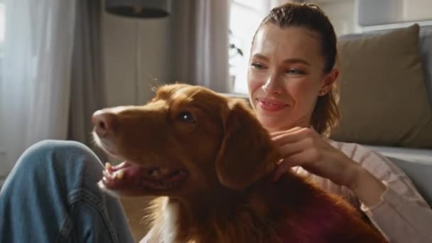 Kobieta Dotykając Uszu Psa Korzystających Leniwy Czas Razem Domu Zbliżenie — Wideo stockowe