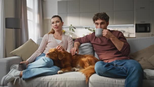 Cônjuges Relaxados Refrigerando Sofá Casa Acariciando Cão Adorável Calma Casal — Vídeo de Stock