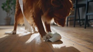 Çağdaş apartman dairesinde tuvalet kağıdı ısırıp ortalığı kirleten oyuncu köpek. Komik, sevimli, çiğneyen beyaz yuvarlak köpek evde oyundan zevk alıyor. Kabarık tüylü hayvan oturma odasında tek başına oynuyor. Köpek haylazlığı.