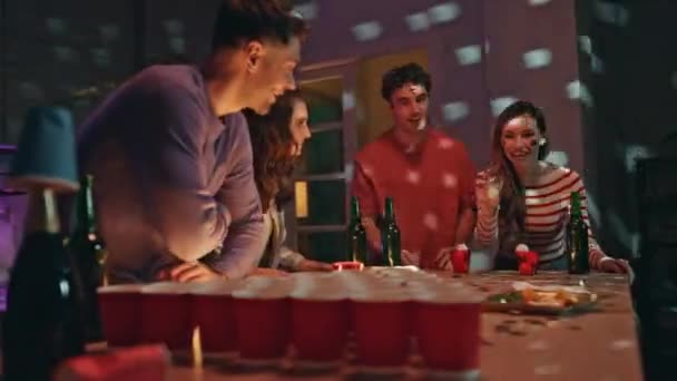 Woman Throwing Ball Beer Cups Table Having Failed Excited Cheerful — Stock Video