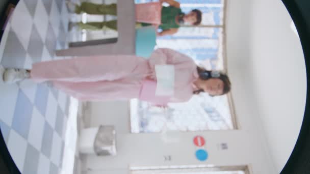 Laundromat Girl Put Detergent Softener Vertical Closeup Hipster Student Washing — Stock Video