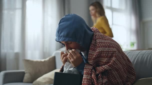 Sick Man Sneezing Alone Home Closeup Ill Guy Getting Flu — Stock Video