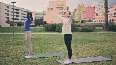Kasvetli doğada yoga yapan sakin bayanlar. Odaklanmış sporcu kadınlar çimenlikte egzersiz yaparken el kaldırıyorlar. Sakin kızlar bulutlu bir günde sabah sporunun keyfini çıkarıyorlar. Uyum gibi Zen
