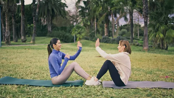 Athletic team fitness workout at park. Empowered athletes doing crunches enjoying partners training at grass. Sporty women doing aerobics exercises at yoga carpet. Fit girls leading active lifestyle