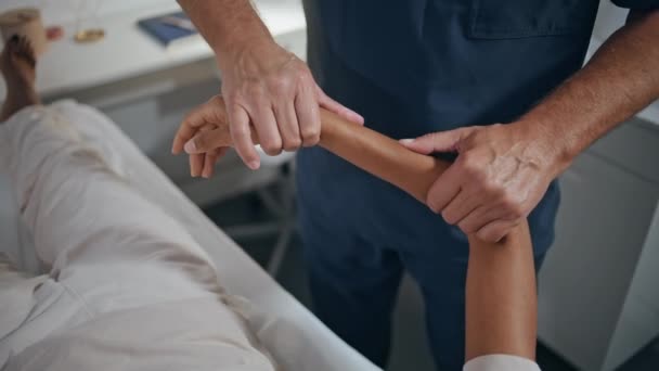 Physiotherapist Examine Woman Arm Clinic Closeup Man Examine Trauma Pressing — Stock Video