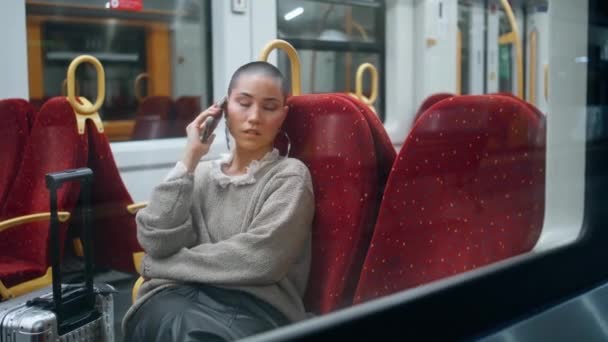Tired Tourist Calling Mobile Phone Modern Train Serious Short Hair — Stock Video