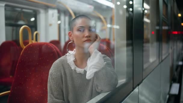 Girl Waiting Train Trip Looking Window Close Bored Short Hair — Stock Video