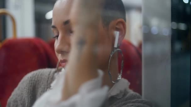 Late Train Passenger Listening Music Wireless Headphones Close Trendy Short — Stock Video