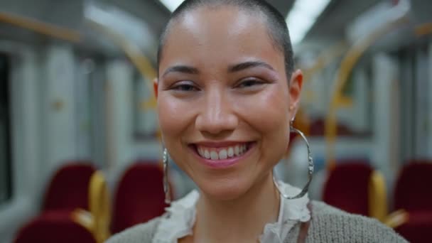 Portrait Bald Woman Smiling Camera Empty Modern Train Wagon Beautiful — Stock Video