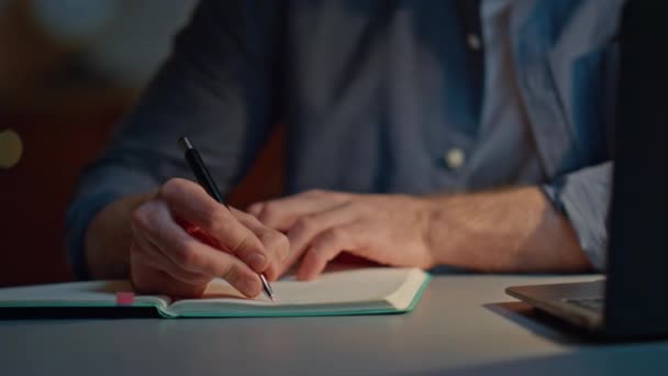 Guy Arms Writing Pen Evening Workplace Closeup Focused Man Preparing — Stock Video