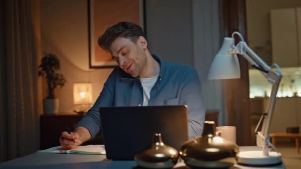 Happy Man Enjoy Call Noticing Notebook Evening Apartment Closeup Attractive — Stock Video