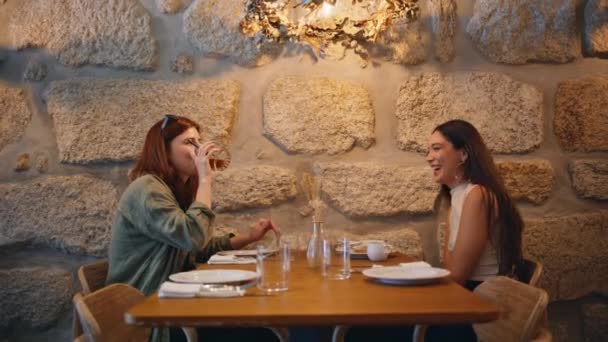 Lgbt カップル 居心地の良い雰囲気を楽しむカフェ 現代のカフェテリアで飲料を飲む女性2人の笑顔 レズビアン ガールズは友好的な会話を一緒に笑っている ゴシップ — ストック動画