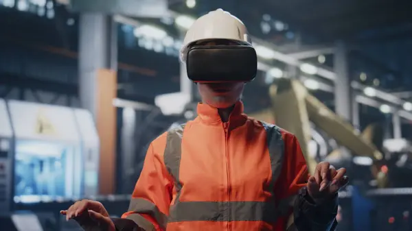 Worker in vr goggles touching augmented reality simulation at plant warehouse close up. Woman factory engineer wearing virtual reality headset controlling invisible interface. Futuristic innovation.