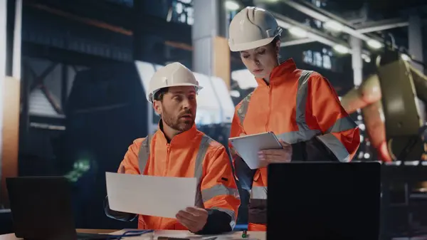 Two busy engineers working together in industrial workshop. Uniformed woman technician holding tablet looking at documents in coworker hands. Couple specialists discussing production plan in factory.