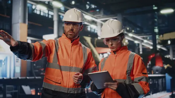 Ett Par Industrimedarbetare Undersöker Produktionsanläggningen Skyddshjälmar Uniform Upptagen Fabrik Specialister — Stockfoto