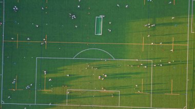 Güneşli yaz gününde top view yeşil futbol stadyumu. Drone eğitim komutlarıyla canlı çim futbol sahasını vurdu. Sıcak akşam güneşi altında spor şampiyonası oyunları için modern şehir altyapısı.