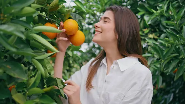 Smilende Kvinne Nyter Tangeriner Hagen Nært Hold Unge Dame Lukter – stockfoto