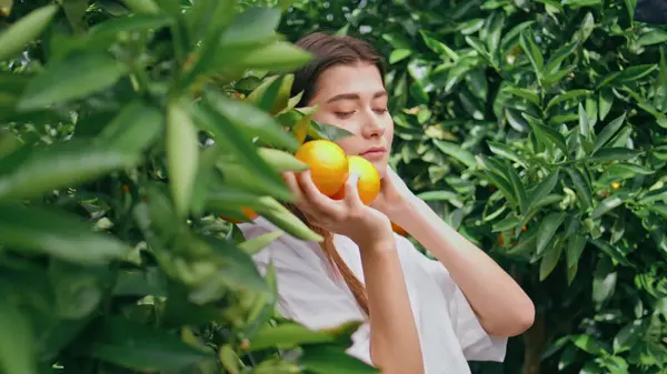 Skånsom Kvinne Som Utgir Appelsiner Grønt Naturportrett Sensuell Vakker Jente – stockfoto