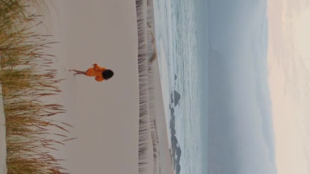 Неизвестная Спортивная Девушка Бегает Песчаному Берегу Моря Мрачным Летним Вечером — стоковое видео