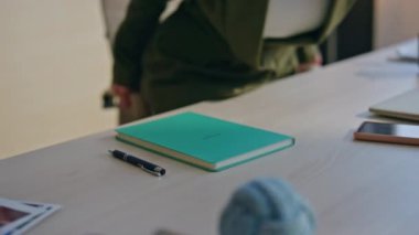 Kapalı ofis kadını modern ajansta masa başında çalışmaya başlıyor. Genç iş kadını dizüstü bilgisayarı açıp e-postaları tek başına kontrol ediyor. Kabinede çalışan pozitif bayan patron.