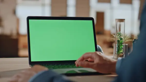 stock image Businessman fingers scrolling mockup laptop touchpad working remotely at home closeup. Unknown manager hands surfing internet information online swiping pc. Worker touching chromakey computer 