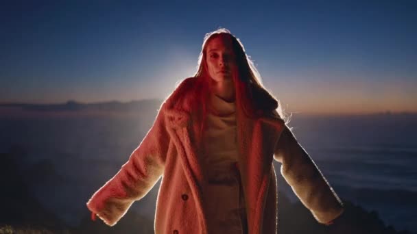 Neon Woman Dancing Evening Fur Coat Closeup Seductive Longhaired Lady — Stock Video