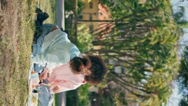 Afrikaanse Amerikaanse Familie Picknick Het Groene Park Ontspannen Jonge Moeder — Stockvideo