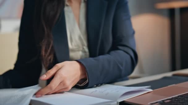 Closeup Woman Hands Writing Notes Office Desk Unrecognizable Confident Businesswoman — Stock Video