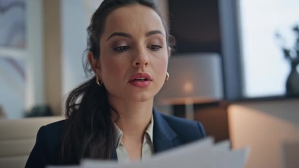 Serious Businesswoman Examining Documents Working Office Closeup Calm Busy Specialist — Stock Video
