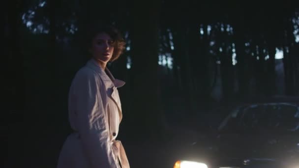 暗い森の背景にある車のヘッドライトに立っている女性 フロントラグジュアリー自動車にポーズするスタイリッシュなコートのエレガントなモデル 女性旅行者は夜の旅行を楽しんでいます 夜遅くの旅 — ストック動画