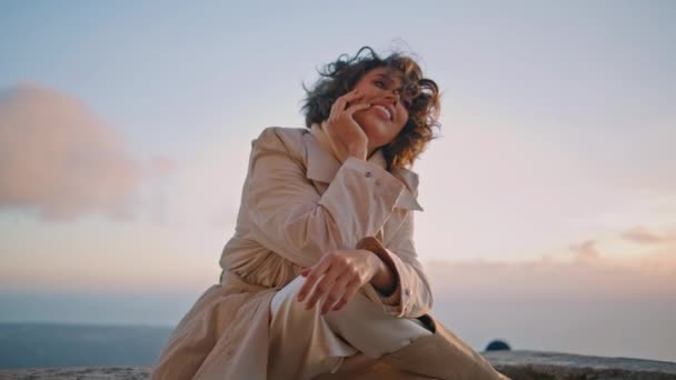 Romantic Woman Sitting Horizon Contemplating Evening Peaceful Beauty Closeup Elegant — Stock Video