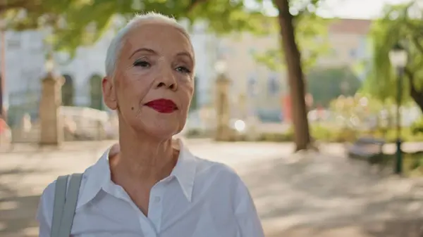 Porträt Reife Geschäftsfrau Stadtpark Lächelnder Eleganter Senior Mit Roten Lippen Stockbild