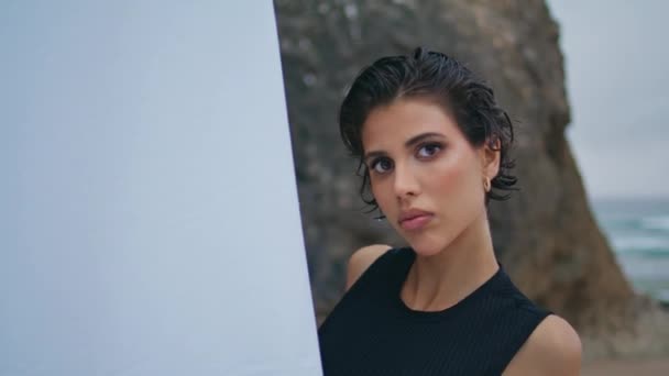 Glamour Woman Posing Shore Closeup Professional Fashion Model Looking Camera — Stock Video