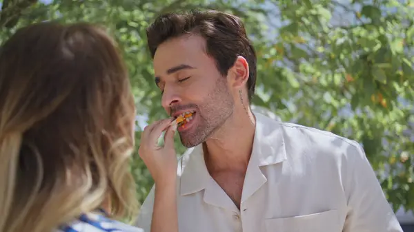 Woman Feeding Handsome Boyfriend Summer Garden Closeup Enamoured Sweethearts Tasting Stock Image