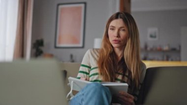 Bilgisayardaki konferansta dinleme patronunun yaptığı işleri not eden uzaktan çalışan. Günlüğe bilgi yazan bir kadın evde online kursa bakıyor. İnternetten okuyan zeki kız öğrenci..