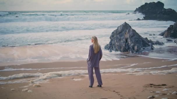 Calm Woman Contemplating Waves Stepping Beach Lonely Traveler Dreaming Admiring — Stock Video