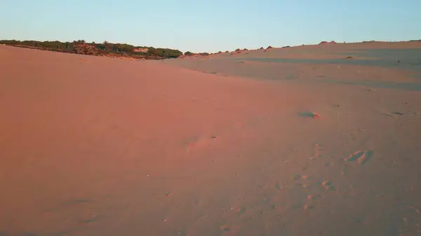 Drone Flying Sunset Dunes Paint Warm Orange Tones Tranquil Landscape Stockfoto
