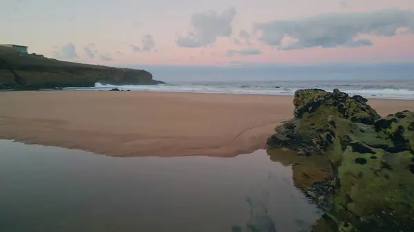 Gentle Waves Washing Shore Calm Twilight Drone View Tranquil Sandy Stockafbeelding