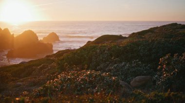 Kıyı ufku güzel bir akşam gökyüzü ile gün batımında parlıyordu. Alacakaranlıkta doğa güzelliği. Altın sabah güneşinde sakin manzaralı bir sahil. Okyanus dalgalarının huzurlu manzarası yemyeşil kayalık tepeleri yıkıyor..