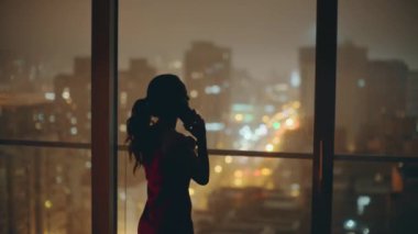 Kadın silueti, panoramik gece lüks düz görüş alanında telefon görüşmesi yapıyor. Esmer kadın en iyi arkadaşla haberleri tartışıyor. Rahat kız akıllı telefonu arıyor ve şehri izliyor.
