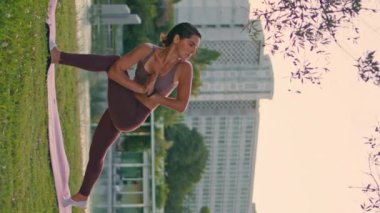 Alacakaranlık Parkı 'nda dikey pozisyonda yoga yapan atletik kadın. Sportif, olgun bir kadın doğada yan açı pozisyonunu genişletiyor. Yogi antrenörü, vücut esneme hareketlerini dışarıda akşamları yapıyor. 