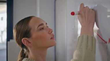 Konferans salonunda elinde keçeli kalemle resim çizen odaklı eğitimci. Genç zeki öğretmen kadın tek başına sofistike matematiksel formül formülü yazıyor. Bilgi kavramı 