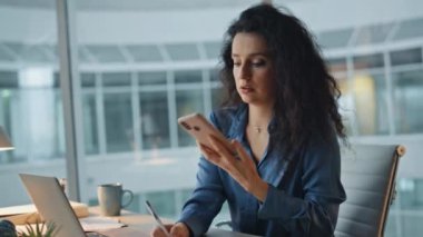 Şirket yöneticisi akşam akıllı telefondan konuşuyor. Kapatma meşgul yönetici ofiste sorun çözme tartışması. Kendine güvenen profesyonel bir kadın telefona bakıyor ve masasında not alıyor. Üretkenlik kavramı