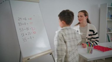 Çalışkan öğrenci okulda yazı tahtası kapatıyormuş. Küçük çocuk ders sırasında keçeli kalem alıp matematik denklemleri çözüyordu. Sınıfta oturan kadın öğretmen. Akıllı çocuk gemide öğreniyor.