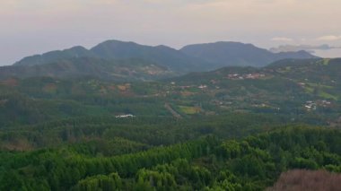 Dağılmış köylü yemyeşil dağların panoramik hava manzarası. Huzurlu kırsal alan huzurlu doğa manzarası sergiliyor. Ufuk çizgisine uzanan tarlaların ve ormanların manzarası.