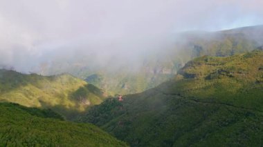 Yeşillikle kaplanmış puslu dağlar manzaralı insansız hava aracı manzarası yaratır. Yeşil tepeler ve uzak arazi üzerinde hafif beyaz sis yükseliyor. Bereketli orman ve bozulmamış doğa ile kaplı sabah sisi..