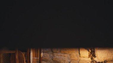 Kafeteryanın iç kameraları çalışıyor. Orijinal lambalar, sıcak ışık dikey görüntüsüyle ahşap masaları aydınlatıyordu. Tuğla duvarın yanındaki masalara buketler ve kuru bitkiler yerleştirilmiş zarif sofra takımı..