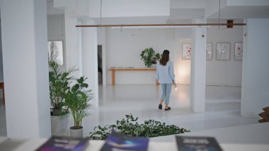 Gün sonunda sanat galerisinde yürüyen bir kadın. Genç tasarımcı sergide dinleniyor ve resim koleksiyonunun keyfini çıkarıyor. Tanımlanamayan esmer kız boş beyaz iç mekan resim fuarına gidiyor..