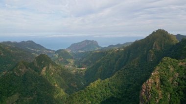 Yeşil vadiler ve görkemli dağlar insansız hava aracı manzarası. Manzarada sık ormanlar ve engebeli araziler var. Serene ormanlık kayalıklarda panoramik manzaralar sunuyor. Doğal güzellik yemyeşil.